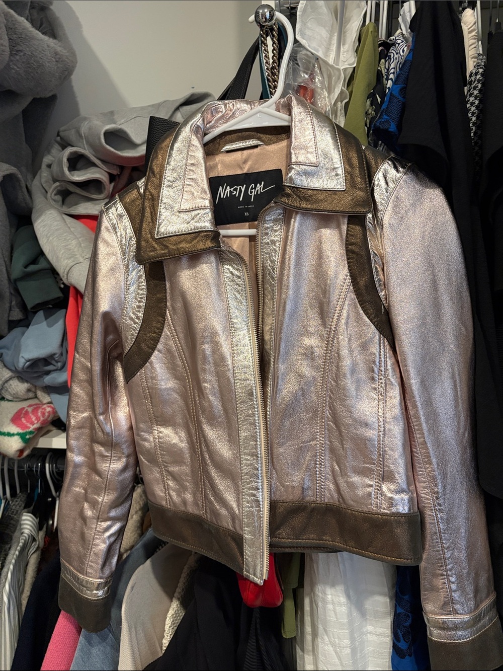 Nasty Gal Metallic Rose Gold Bomber Jacket with Bronze Trim